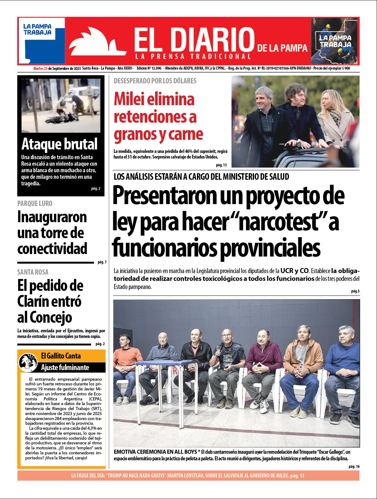 Tapa de El Diario en papel  martes 23 de septiembre de 2025
